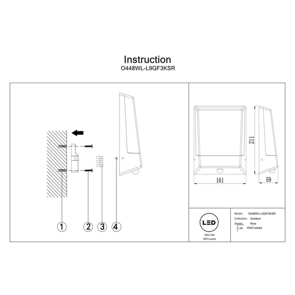 Kinkiet ścienny zewnętrzny Row O448WL-L9GF3KSR LED 9W 3000K IP44 grafitowy