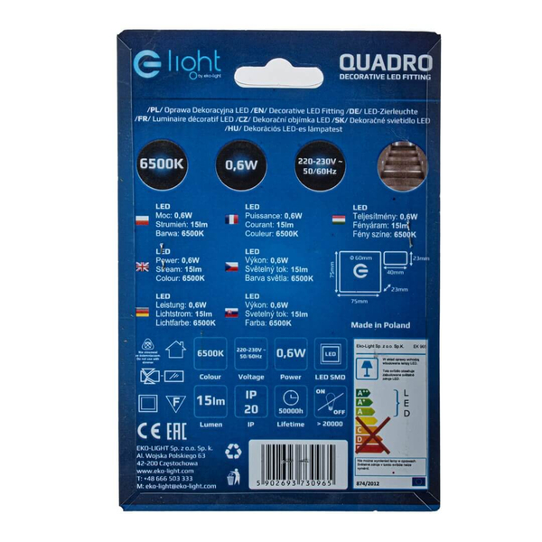 Lampa schodowa ścienna Quadro EKS0965 LED 0,6W 6500K płytka biały srebrny