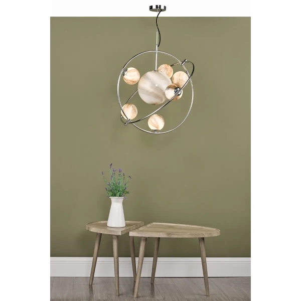 Szklana wisząca lampa Mikara MIK3450 układ słoneczny kule chrom beżowe