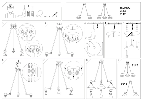 Lampa wisząca z wysięgnikami do regulacji TECHNO metalowa czarna biała TECHNO 9142