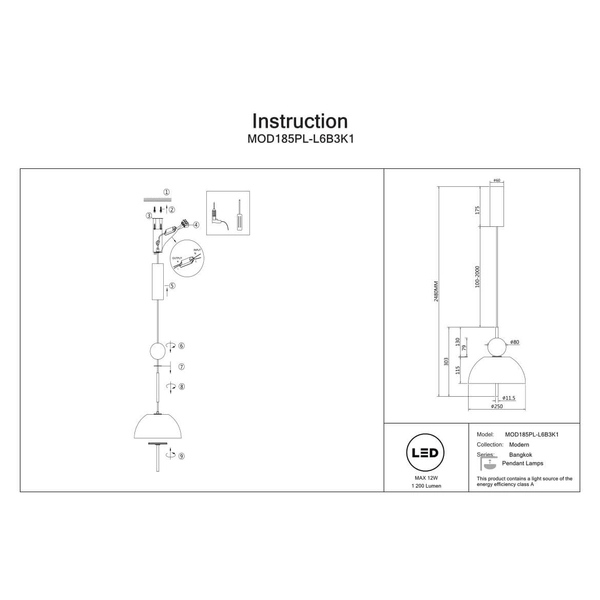 Lampa wisząca Bangkok MOD185PL-L6B3K1 LED 12W 3000K czarny przezroczysty