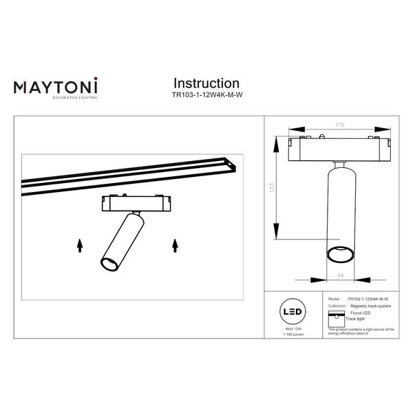 Sypialniana lampa magnetyczna Focus TR103-1-12W4K-M-W LED 12W 4000K do szyn biała