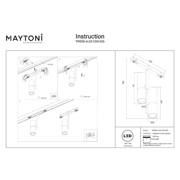 Szynowa lampa do jadalni Elti TR005-4-2X12W-DS-BBS LED 24W 2700-6000K mosiądz magnetyczna czarna