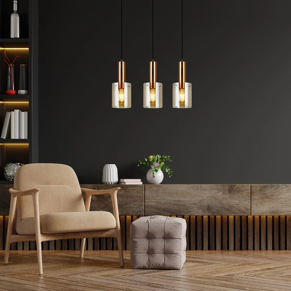Wisząca LAMPA skandynawska SARDO PND-5581-3-BRO+AMB Italux loftowa OPRAWA szklany ZWIS okrągłe tuby mosiądz bursztynowe