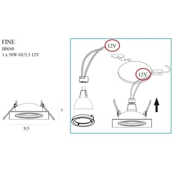 Sufitowa lampa wpust Fine H0040 kwadratowa do przedpokoju srebrny