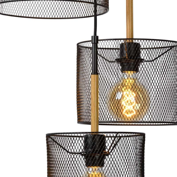 LAMPA wisząca BASKETT 45459/03/30 Lucide druciana OPRAWA metalowy zwis czarny drewno