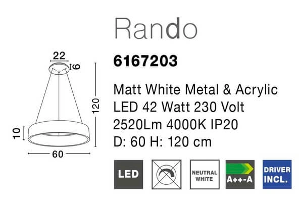 Minimalistyczna lampa wisząca Tome Smart LED 42W 3000K biała