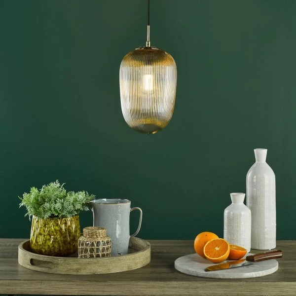 Szklana wisząca lampa Abrielle ABR0106 nad stół żebrowana bursztynowa