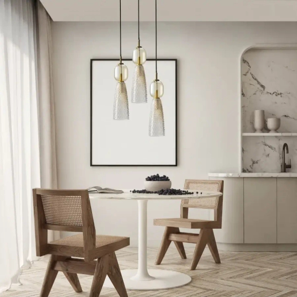 Wisząca lampa szklana 23010 potrójna do jadalni czarny mosiądz