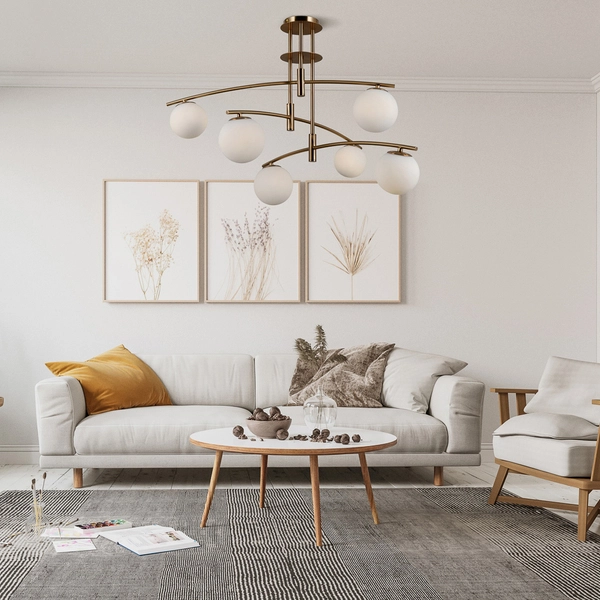 Loftowa LAMPA sufitowa SENAI PND-31322-6-HB Italux metalowa OPRAWA modernistyczna szklane kule mosiądz