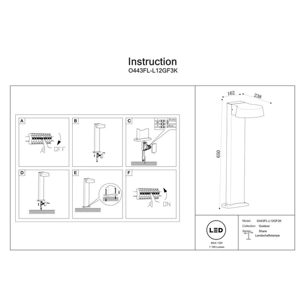 Lampa stojąca zewnętrzna Share O443FL-L12GF3K IP54 LED 12W 3000K grafitowa