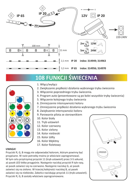 Taśma LED RGB 24W 314970 Polux pasek 5 metrów 380lm biały IP65