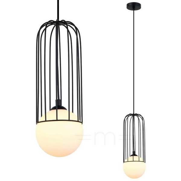 LAMPA wisząca SIMON MDM-3938/1 BK Italux druciana OPRAWA metalowa ZWIS szklana kula ball klatka loft czarna
