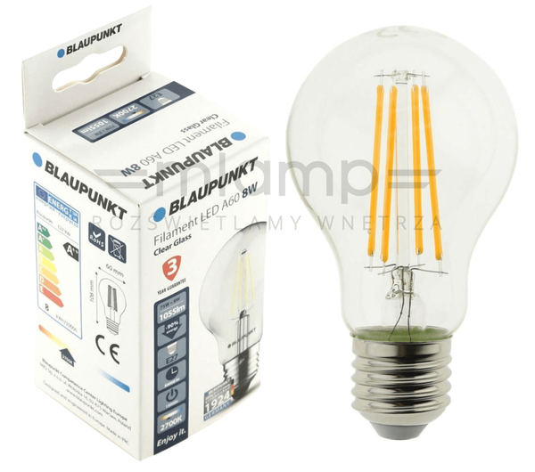 Filamentowa żarówka F-E27-8-WW E27 A60 LED 8W 1055lm 230V biała ciepła