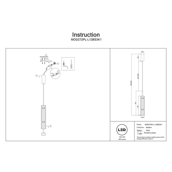 Lampa zwis Ordo MOD272PL-L12BS3K1 LED 8W 3000K mosiądz przezroczysty