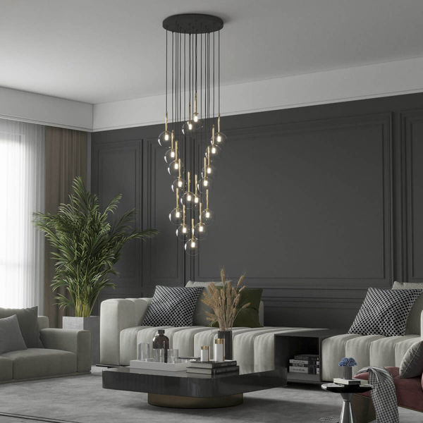 Kaskadowa lampa wisząca Nilos 5945 bubble przezroczysta złota
