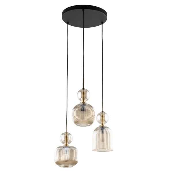 Ryflowany potrójny żyrandol Sophia Cognac 11041 szklany czarny beżowy