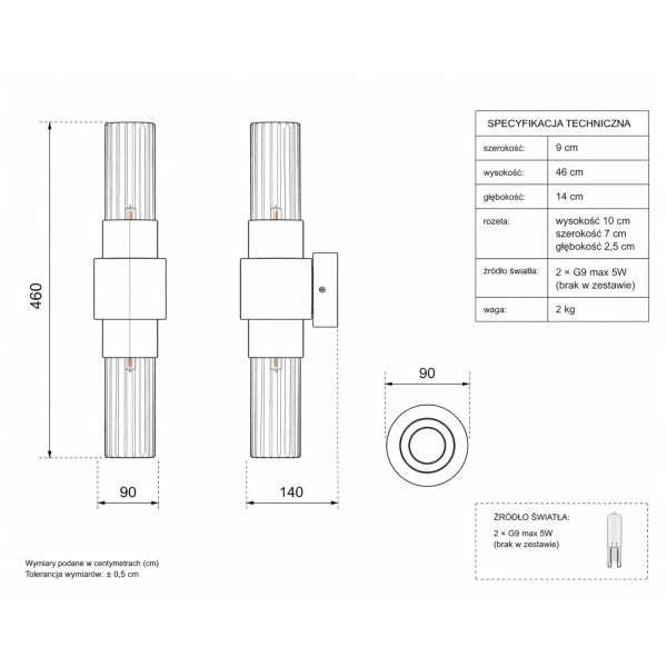Ryflowana lampa ścienna GLOW ST-DW7790 złota tuba 2xG9 glamour