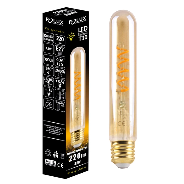 Żarówka dekoracyjna rurka Vintage Amber 313065 Polux T30 LED 3,6W E27 tuba 220lm 230V biała ciepła