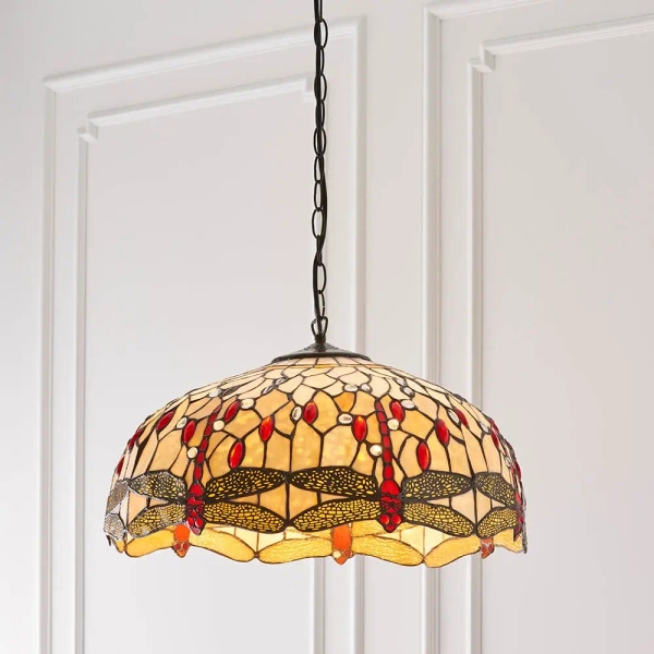 Szklana wisząca lampa nad stół Dragonfly 64079 na łańcuchu tiffany beżowa