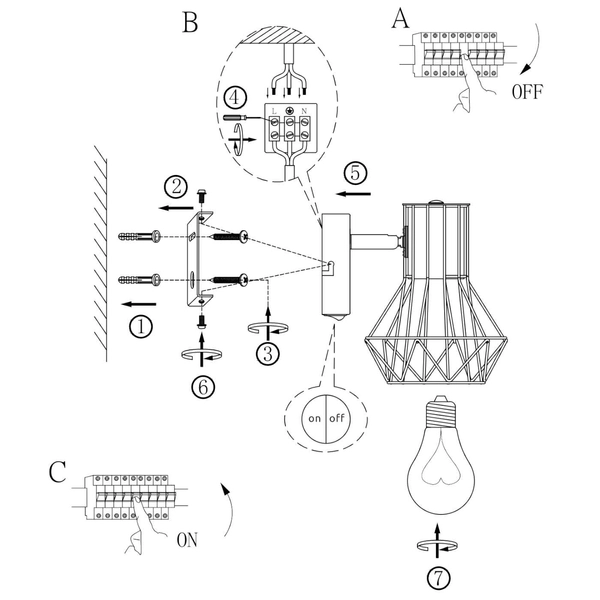 Druciana LAMPA ścienna PRISKA 54017-1 Globo regulowana OPRAWA metalowy reflektorek industrialny czarny