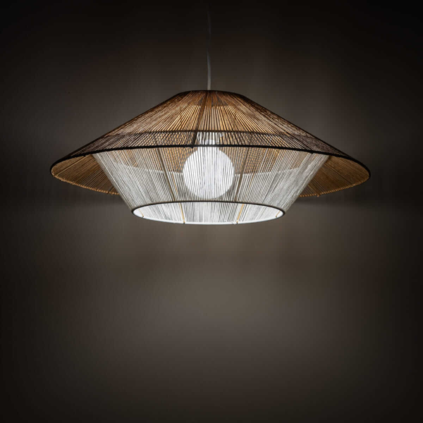 Drewniana zwisająca lampa Japandi 11157 parasol cage sznurek metalowa biała