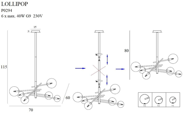 Żyrandol LAMPA wisząca LOLLIPOP P0294 Maxlight metalowa OPRAWA pręty szklane kule balls molekuły zwis mosiądz przezroczyste