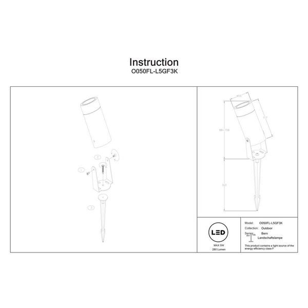 Zewnętrzna lampa gruntowa Bern O050FL-L5GF3K LED 5W 3000K IP65 grafitowy