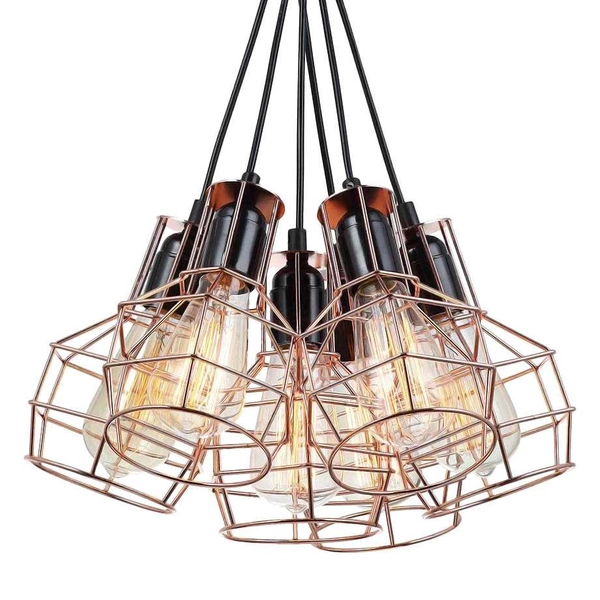 LAMPA wisząca PERIFO MDM-2272/6 BK+COP Italux industrialna OPRAWA metalowy ZWIS druciane klatki loft miedź