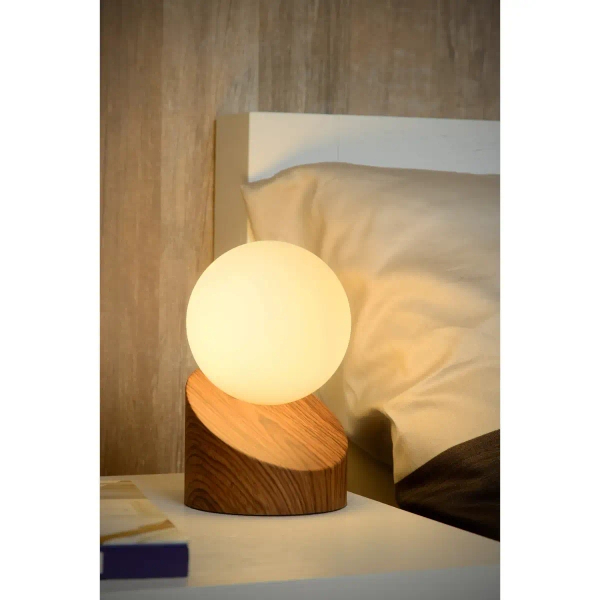Dotykowa lampa nocna Len 45561/01/70 Lucide okrągła kula biała drewniana