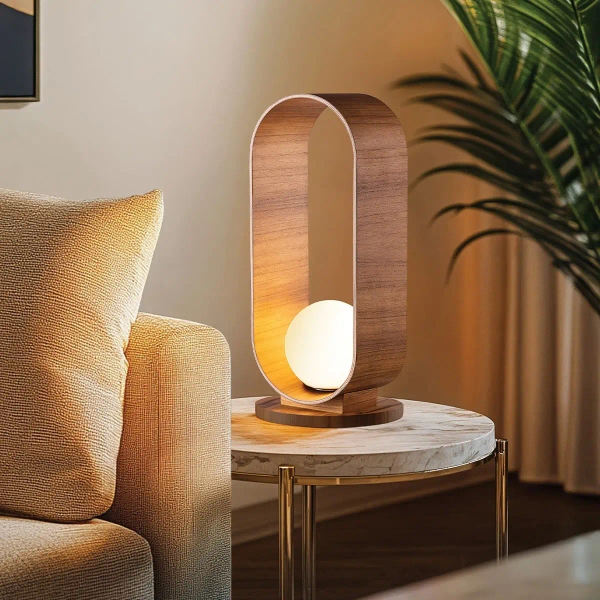 Owalna lampa stołowa Sfera QN-SFERA-TL-L-TEAK kula na komodę brązowy biały