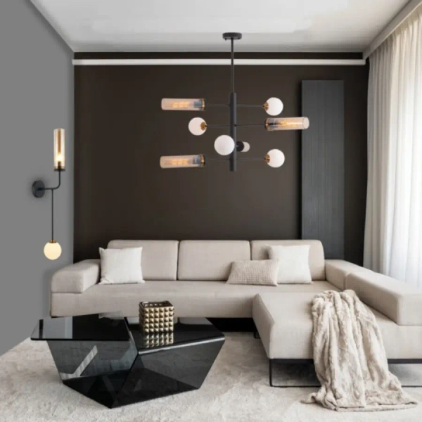 Modernistyczna ścienna lampa 22054 tuba kula mosiądz opal