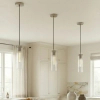 Podłużna lampa wisząca QUINCY nikiel satynowy szklany metalowy E27 do jadalni P01828NS