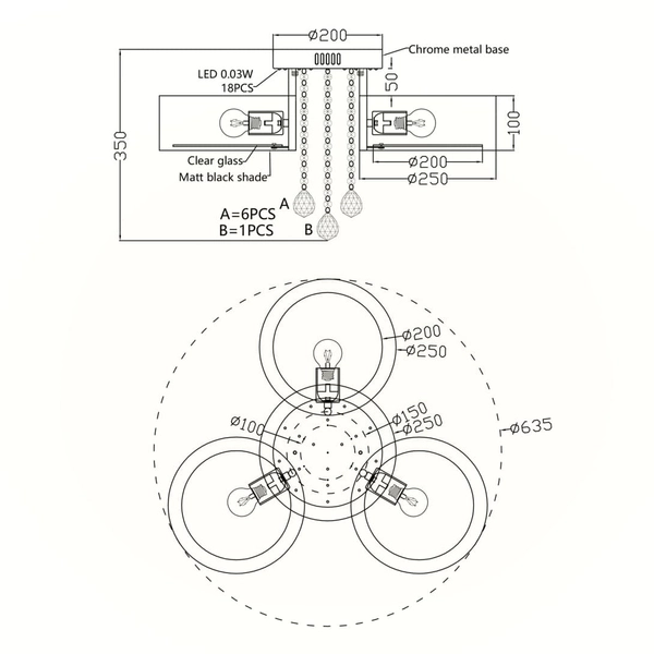 Potrójny plafon do salonu Gambela LP-991/3C BK Light Prestige kryształowy czarny