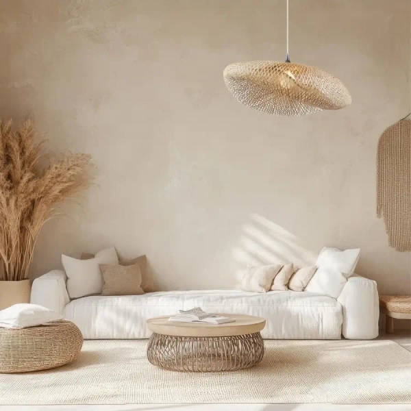 Geometryczna wisząca lampa 19103 do salonu bambusowa brązowa