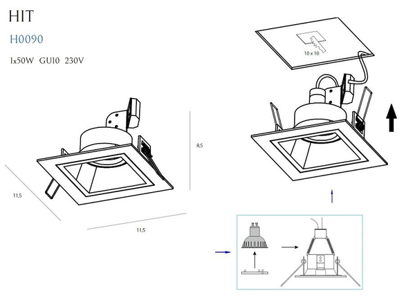 Sufitowa LAMPA podtynkowa HIT H0090 Maxlight metalowa OPRAWA kwadratowy wpust do zabudowy czarny