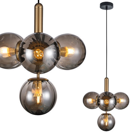 Loftowa LAMPA wisząca RAVENA PND-2324-4B BRO+SG Italux szklana OPRAWA zwis kule balls mosiądz przydymione