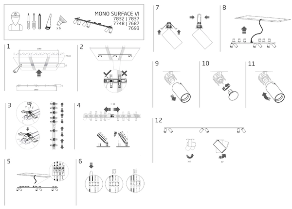 Podtynkowa lampa sufitowa Mono 7832 reflektorki na listwie białe