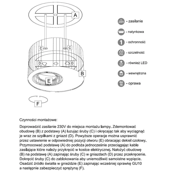 LAMPA sufitowa TOKI 7028 Shilo natynkowa OPRAWA DOWNLIGHT do łazienki okrągły biały