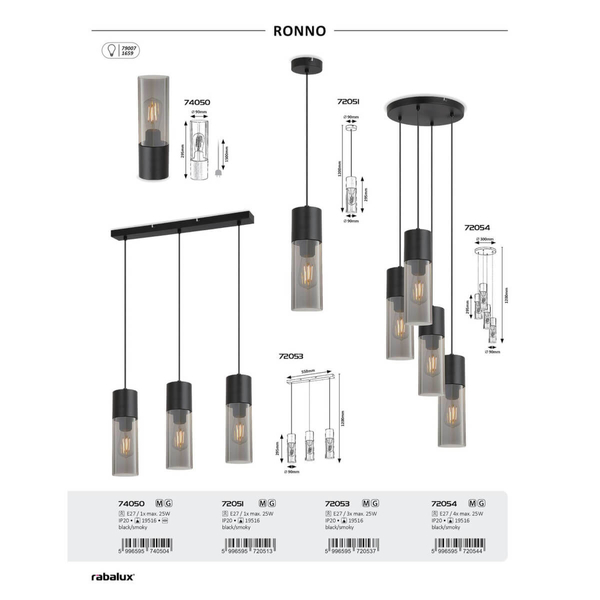 Potrójna lampa wisząca RONNO 72053 szklana loftowa przydymiona czarna