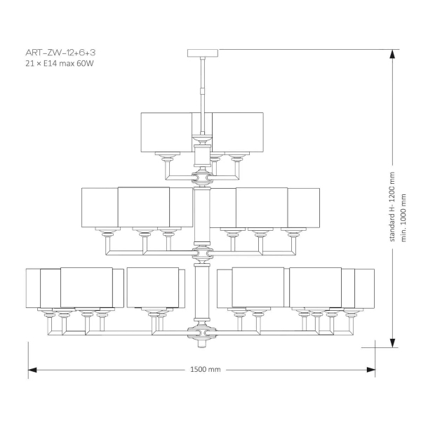 Designerski żyrandol Artu ART-ZW-12+6+3 (ZM) abażury szare mosiądz