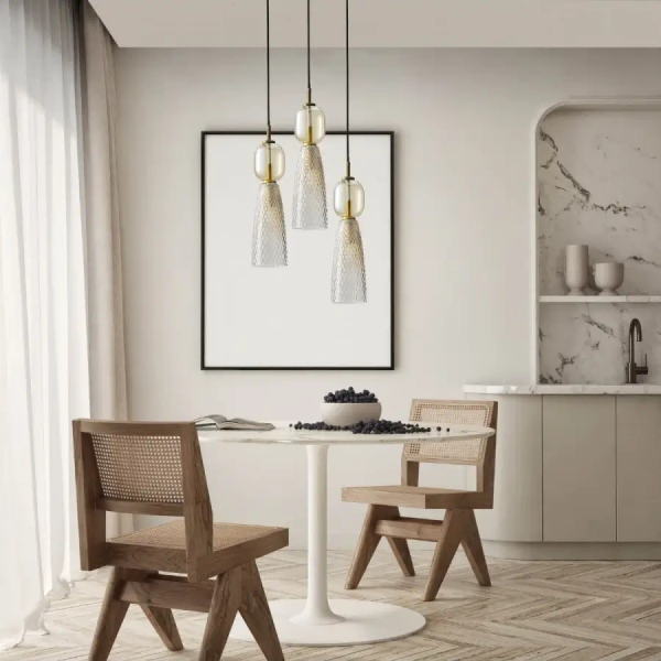 Wisząca lampa szklana 23010 potrójna do jadalni czarny mosiądz