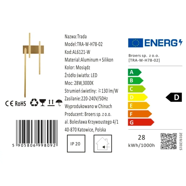 Ścienny kinkiet TRADA CGTRADA70 LED 28W 3000K metalowy złoty