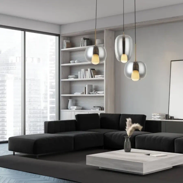 Wisząca potrójna lampa 22148 szklana przydymiona złota