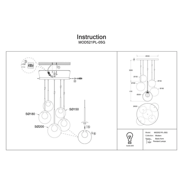 Wielopunktowa lampa wisząca Basic form MOD521PL-05G złoty przezroczysty