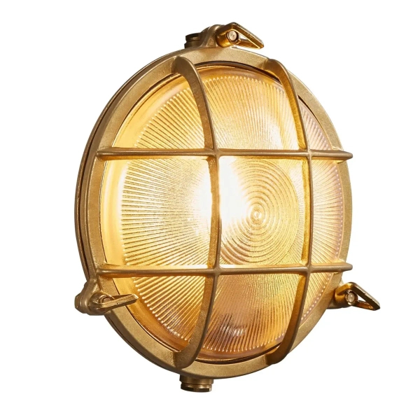 Okrągła lampa ścienna na taras Polperro 49021035 IP64 mosiądz