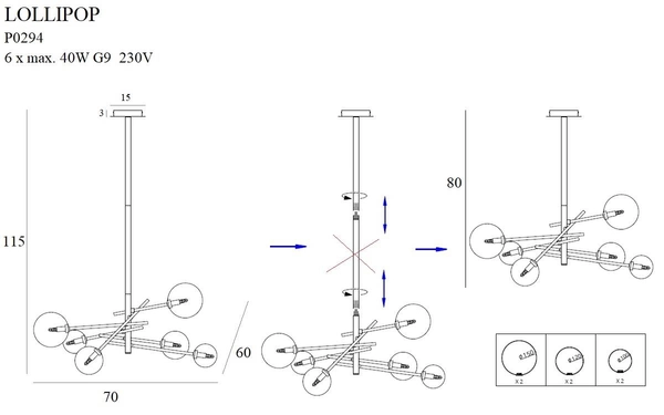 Żyrandol LAMPA wisząca LOLLIPOP P0294 Maxlight metalowa OPRAWA pręty szklane kule balls molekuły zwis mosiądz przezroczyste