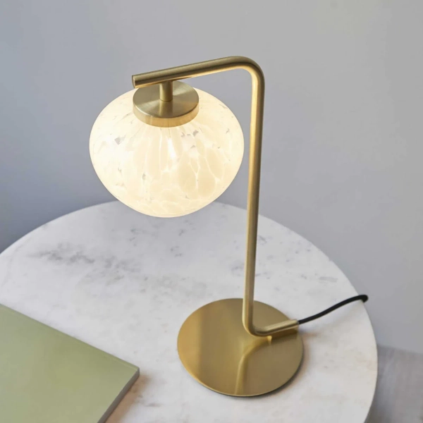 Stołowa lampka glamour L&-198817 metalowa szklana biała mosiądz