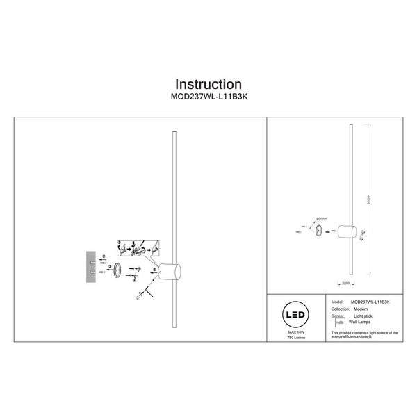Kinkiet ścienny Light stick MOD237WL-L11B3K LED 10W 3000K czarny