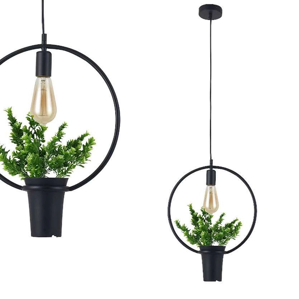 Dekoracyjna LAMPA wisząca 313850 okrągła OPRAWA metalowa ramka ZWIS doniczka na kwiat czarna